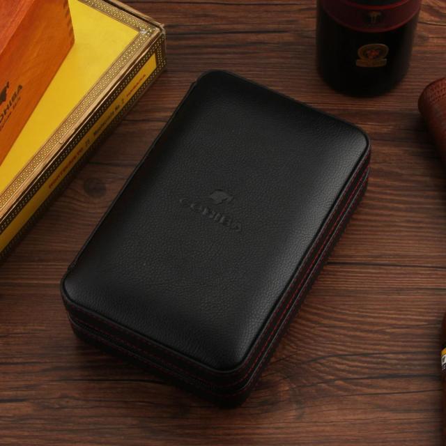 COHIBA Portable Cedar Wood Cigar Humidor Box Travel Leather Cigar Case Storage 4 Cigars Box Humidor Humidifier For Sigar