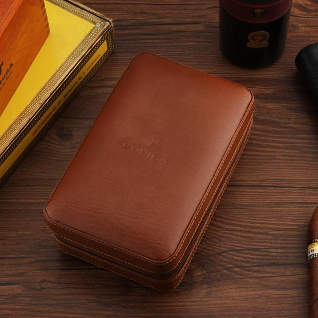 COHIBA Portable Cedar Wood Cigar Humidor Box Travel Leather Cigar Case Storage 4 Cigars Box Humidor Humidifier For Sigar