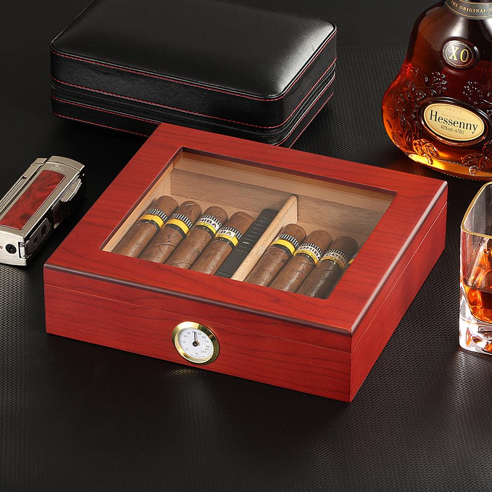 Cedar Wood Travel Cigar Humidor Box With Humidifier Hygrometer Humidor Cigar Box Case Glass Humidors Fit 20-30 COHIBA Cigars