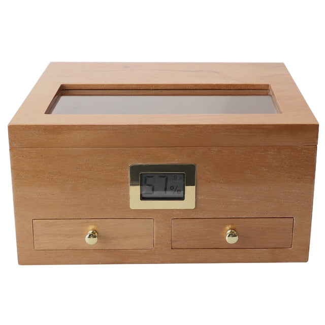 XIFEI Cigar Humidor With Hygrometer Humidifier 2 Drawers Cedar Wood Portable Humidor Box Cigar Case Fit 25-50 Cigars Cabinet