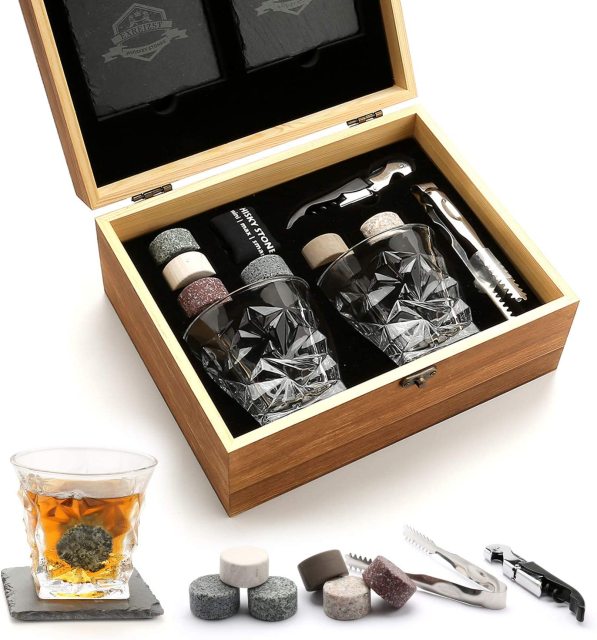 Whiskey Stones Gift Set - Whiskey Glass Set of 2 - Granite Chilling Whiskey Rocks - Scotch Bourbon Whiskey Glass Gift Box Set