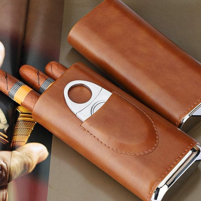 High Quality 3-Finger Humidors Portable Cigar Box Brown Cigar Leather Case with Cigar Cutter