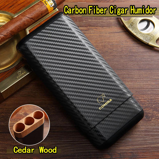 COHIBA Carbon Fiber Leather 3 Tube Wooden Cigar Case Travel Humidor Cedar Wood Cigar Holder