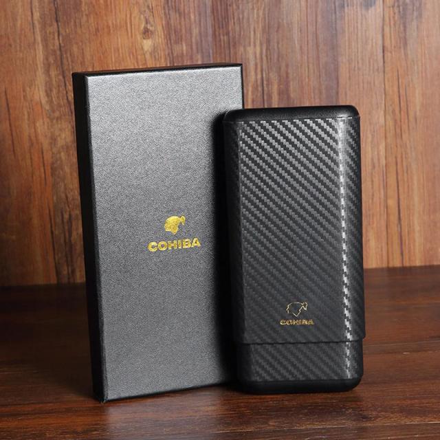 COHIBA Carbon Fiber Leather 3 Tube Wooden Cigar Case Travel Humidor Cedar Wood Cigar Holder