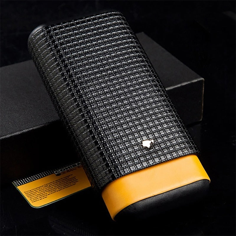 COHIBA Black Leather Cigar Case Cedar Wood Tube Holder Portable Travel Cigar Humidor Box Holds 3 Cigars