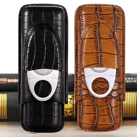 GALINER Leather Cigar Case Portable 2 Tube Holder Travel Humidor Cigars Accessories For Cohiba W/ Cigar Cutter & Gift Box