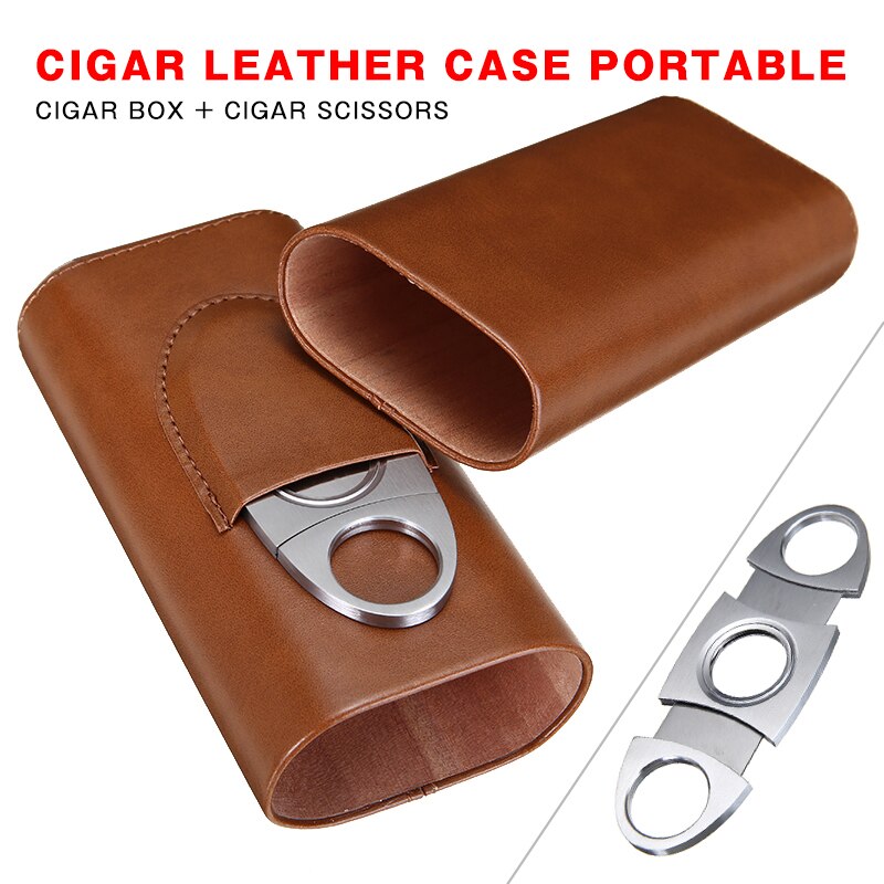 1 Set Humidor Cigar Case Holder Hold Cigars With Cutter New Portable Leather Mini Delicate Travel Kit Humidor Cigar Cutter